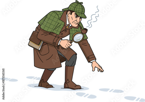Detective investigating footprints vector illustration with magnifying glass and classic outfit, flat cartoon style perfect for mystery stories, education, and crime concepts