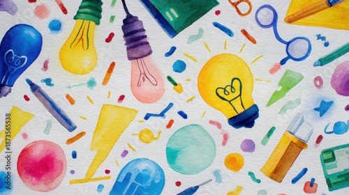 The image features a colorful and lively pattern of various objects related to creativity and invention, arranged randomly on a white background