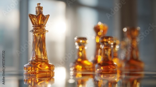 The image features a set of glass chess pieces, with the foremost piece resembling a queen, made of amber colored glass