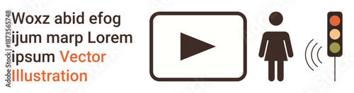 Multimedia interaction, streaming innovation, pedestrian safety, urban technology, digital signals, user communication. Female figure, play button and traffic light illustration. Multimedia