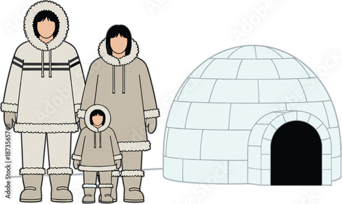 Inuit family wearing traditional winter clothing standing near igloo vector illustration, flat educational design perfect for culture, history, and geography projects