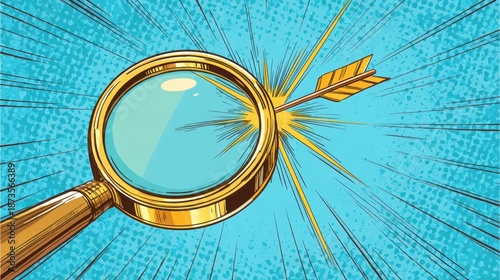 Magnifying Glass Illustrating Business Goals and New Year Celebration with Arrow Targeting Success