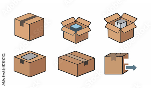 Flat vector icon set of delivery and online shopping boxes isolated on white background for e-commerce and logistics