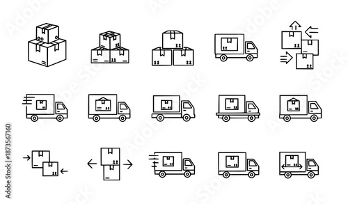 Line art icon set of delivery and shopping boxes isolated on white background for digital and e-commerce design