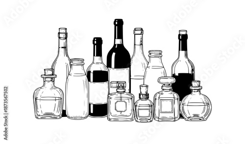 Hand-drawn illustration set of various bottles isolated on white background for packaging, beverage, and design projects