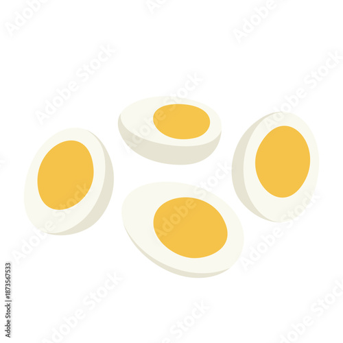 Illustration of four halves of hard-boiled eggs with yellow yolks on a white background in a flat lay composition.