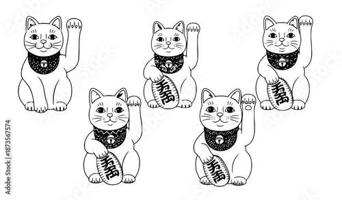 Hand-drawn illustration set of beckoning cats (Maneki-neko) isolated on white background for luck and decorative design