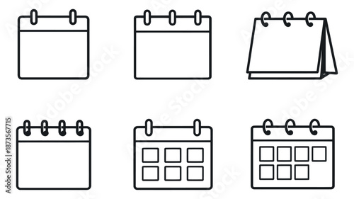Simple line art calendar icon set featuring various styles of date planners for scheduling and event management