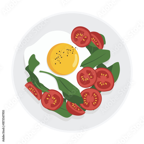 Flat lay illustration of a fried egg with spinach leaves and halved cherry tomatoes on a white plate against a clean white background.