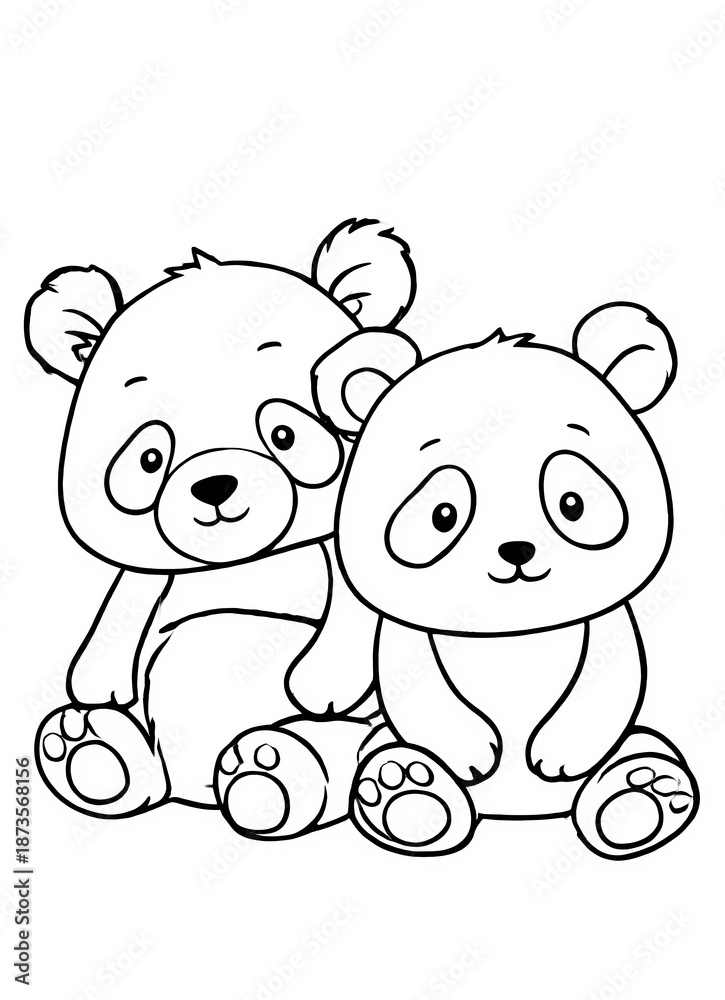 Fototapeta premium cute cartoon panda couple coloring page for kids with crisp lines and a white background, simple style, no shading