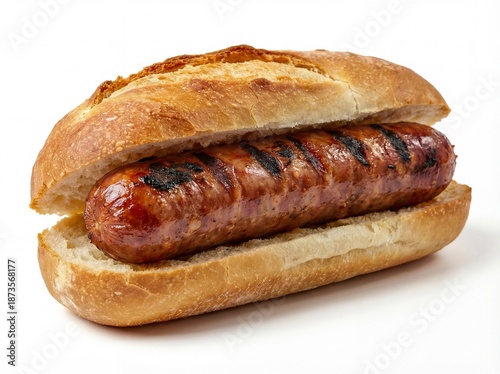 Traditional argentine choripan sandwich made with chorizo and french bread isolated on white background