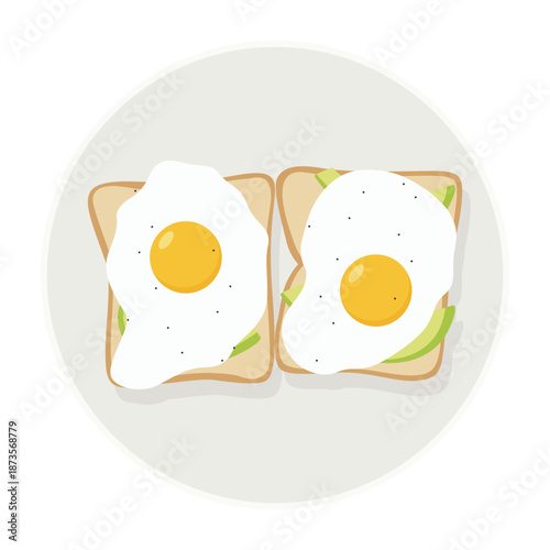 Illustration of two fried eggs on toast with green vegetables on a plate against a white background.