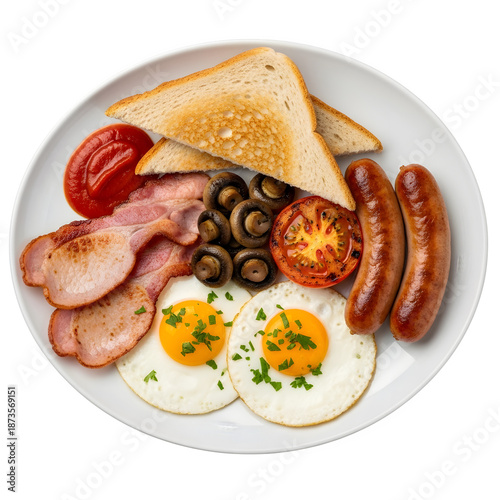 A full english breakfast with sausages bacon eggs toast and tomato sauce on a white plate top view, isolated on white or transparent background, PNG Format.