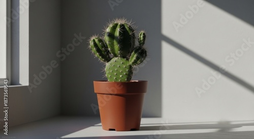 Succulent plant positioned on a light surface illuminated by strong directional sunlight creating distinct shadows