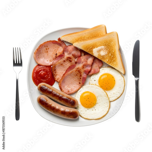 A full english breakfast with sausages bacon eggs toast and tomato sauce on a white plate top view, isolated on white or transparent background, PNG Format.
