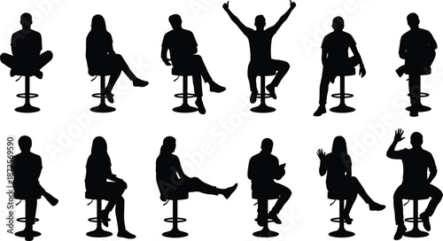 Set of black silhouettes featuring people sitting on bar stools in various casual poses isolated on a white background for design