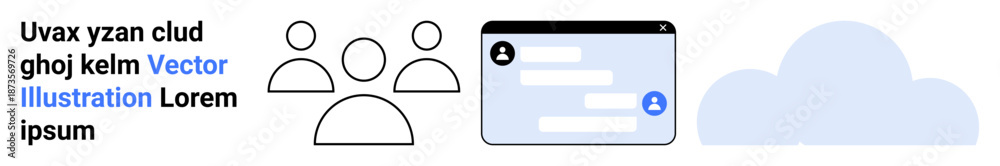 Fototapeta premium Cloud technology, teamwork, remote work, data sharing, networking, communication. A group of user icons, messaging interface and cloud symbol. Cloud technology and teamwork concept