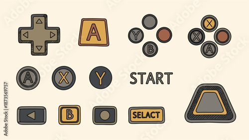 Collection of vintage-style video game controller buttons and directional pads on a light background.