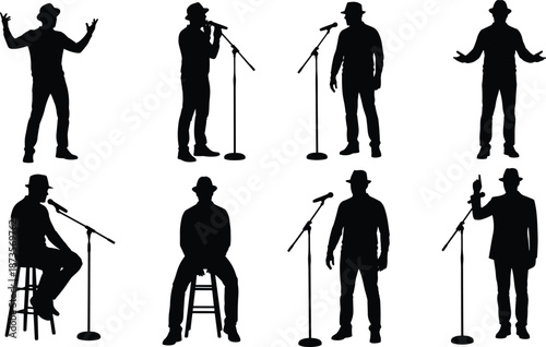 Set of black silhouettes of a male singer in a hat performing with a microphone on a white background, isolated