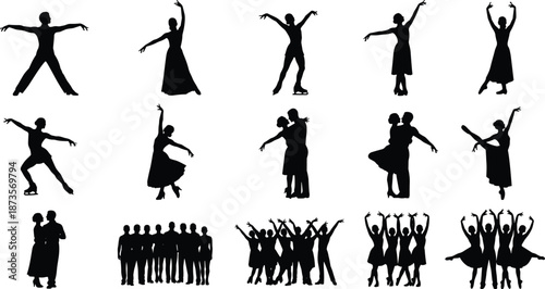 Set of black silhouettes of ballet dancers, ballroom couples, ice skaters, and dance groups performing isolated on a white background (20 words)