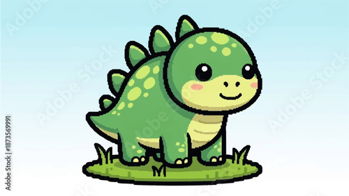 A charming and adorable cartoon baby dinosaur, green with small spikes, standing on a patch of grass against a light blue background, depicted in a cute and friendly style.