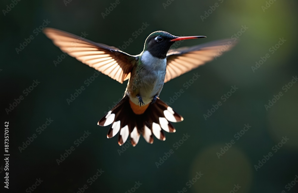 Fototapeta premium Ruby-throated hummingbird hovers in air. Small bird has black head, white throat, green back, red beak. Wings blurred motion, tail feathers fan out.