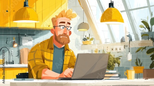Man Working on Laptop in Bright Modern Kitchen with Plants