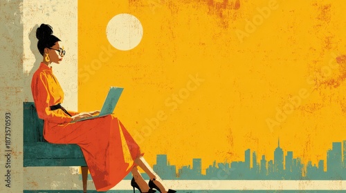 Woman Working on Laptop with Cityscape and Bright Yellow Background