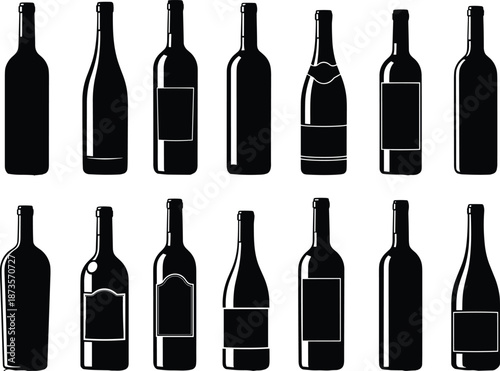Set of black vector wine bottle silhouettes in various shapes, isolated on white background, for restaurant menus and alcohol designs.