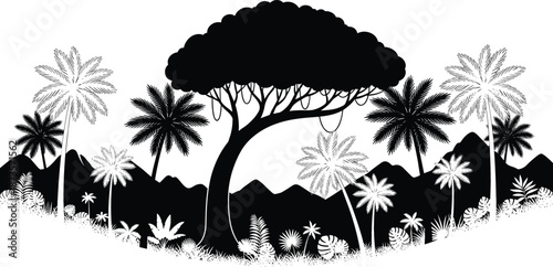 Black and white silhouette of a dense tropical jungle landscape with palm trees and mountains in the background