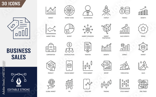 Business sales icon set. Sales, market, commerce, money, finance, profit and more. Editable stroke. Vector illustration