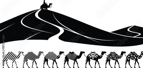 Set of Desert Caravan Silhouettes, Bedouin Riding Camel on Sand Dunes, Decorative Patterned Camels for Middle Eastern Travel Graphic Design, Vector