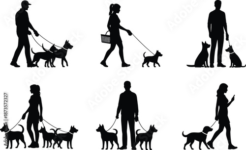Set of Dog Walker Silhouettes, Men and Women Walking Pets on Leash, Professional Canine Care and Domestic Animal Training, Vector