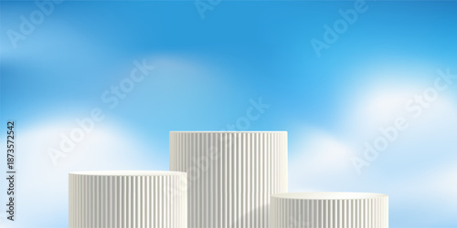White poduim on sky bg, product platform in blue cloud. Cosmetic display summer stand, Spring nature banner. Minimal stage mockup, abstract vector pastel backdrop. Light soft presentation, step scene