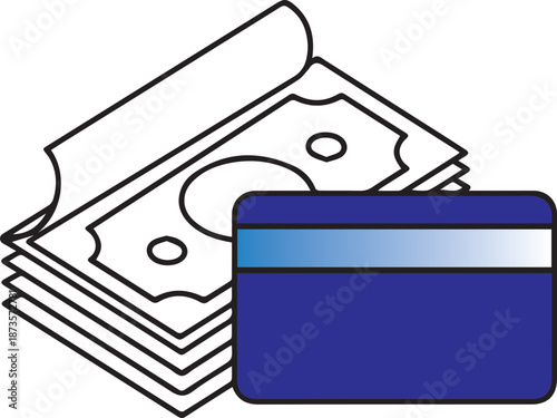 A clean vector illustration featuring a stack of outlined paper currency banknotes behind a solid dark blue credit card with a light blue magnetic stripe.