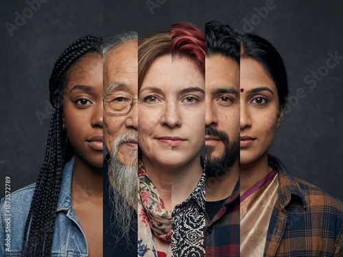 Vertical strips of diverse human faces combining different races and ages into one portrait