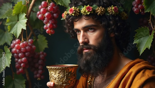 Man with beard and flower crown holds golden goblet, surrounded by grapes and vine. He wears orange robe, evoking ancient greek god Dionysus celebration, revelry, wine.