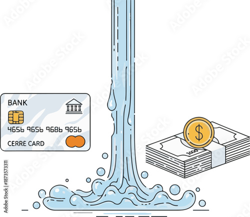 A line-art vector illustration depicting a stream of water splashing down between a bank card and a stack of cash with a gold coin, symbolizing cash flow and financial liquidity.