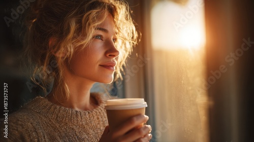 Radiant Blonde Woman Holding Coffee Cup by Window at Sunrise