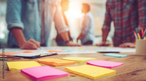 Young Creative Teamworking in a Brainstorming Session with Colorful Sticky Notes on Table