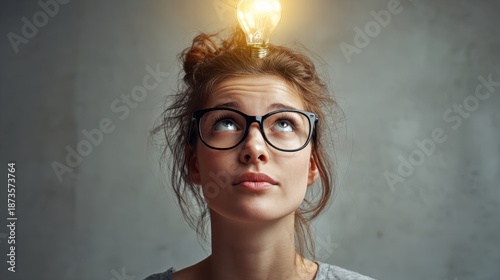 Woman Thinking With Glasses and Lightbulb Overhead Symbolizing Ideas and Inspiration
