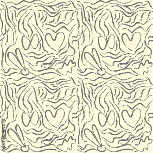 Vector seamless pattern with floral elements and abstract lines features a vintage ornamental texture for wallpaper and textile design with colorful leaf illustrations and curved wave decor