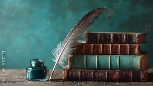 Vintage Library Scene with Old Books, Quill, and Inkwell on Retro Wooden Table
