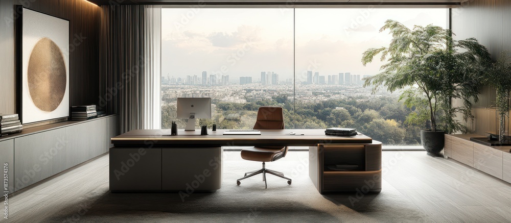 Fototapeta premium Modern office with large window overlooking city and forest.