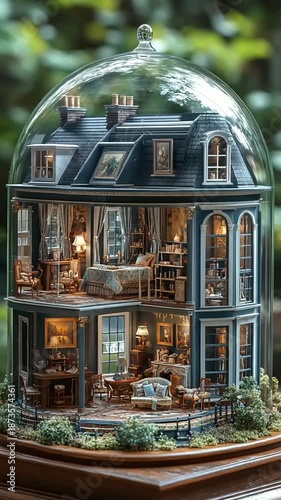 Miniature house model under glass dome in garden