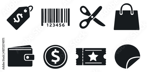 Modern shopping and e-commerce set featuring price tag, barcode, scissors, shopping bag, wallet, dollar coin, ticket, and sticker for retail and online transactions