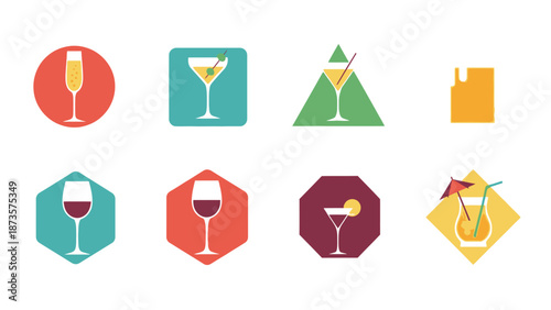 Colorful cocktail icons set diverse drinks on white backgrounds