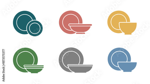 Colorful dishware sets vector illustrations of plates and bowls on white