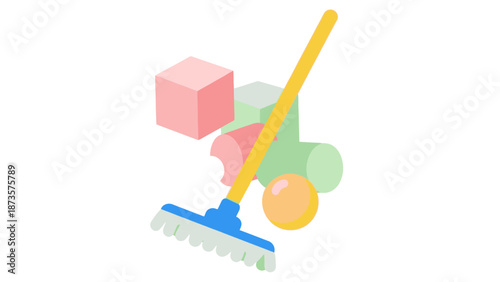 Colorful illustration of a rake and geometric shapes on white background