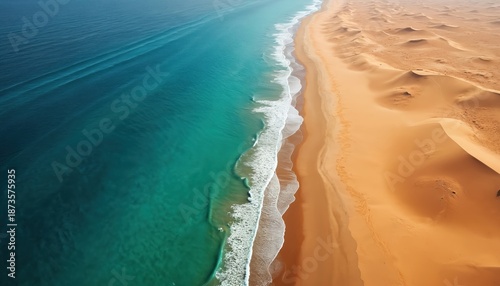 Aerial view of desert sand dunes meeting turquoise ocean water. Sandy beach curves along coastline. Waves wash ashore on landform edge. Sunny day over sea.
